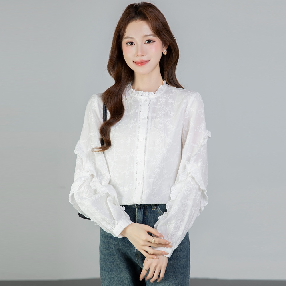 Spring round neck tops embroidered all-match shirt for women