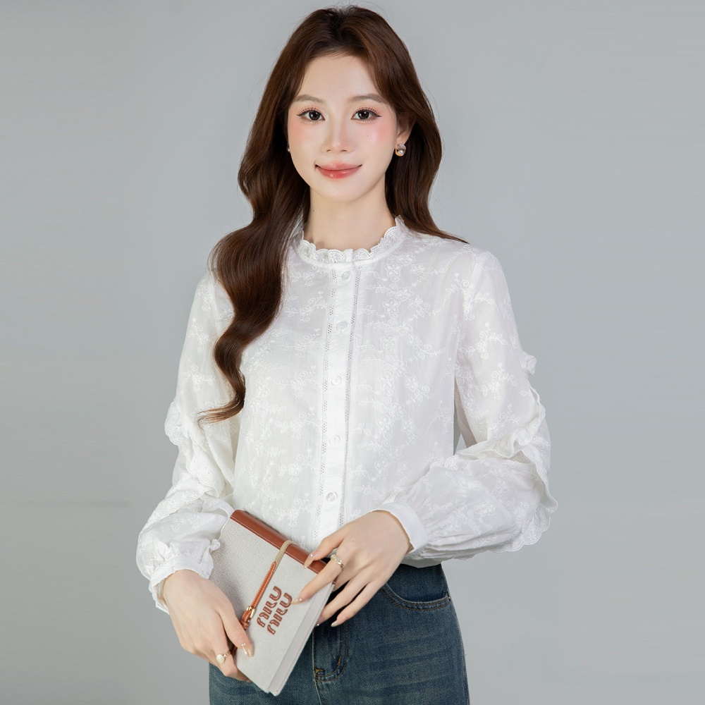 Spring round neck tops embroidered all-match shirt for women