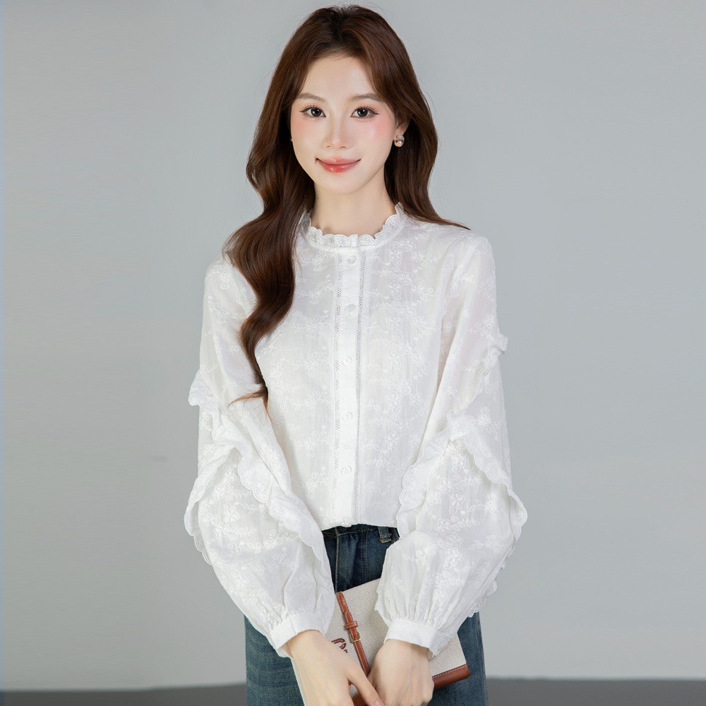 Spring round neck tops embroidered all-match shirt for women