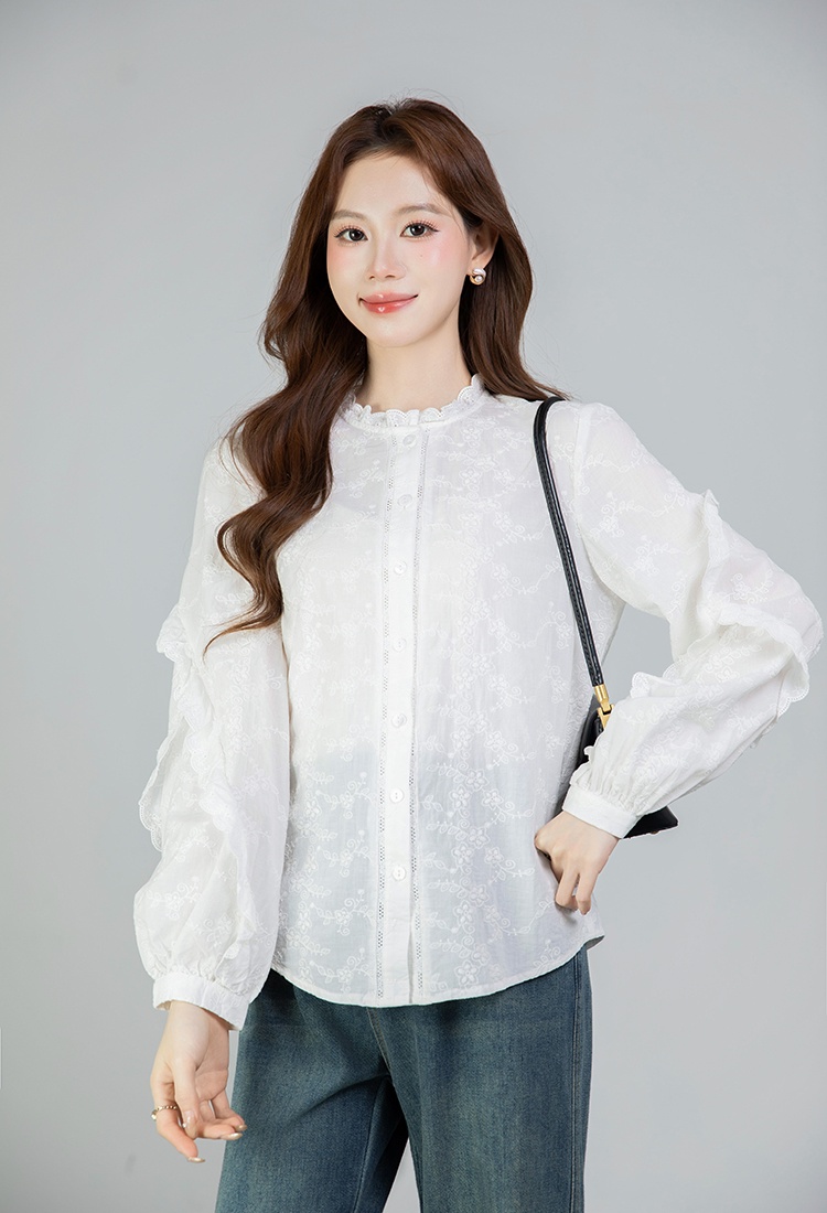 Spring round neck tops embroidered all-match shirt for women