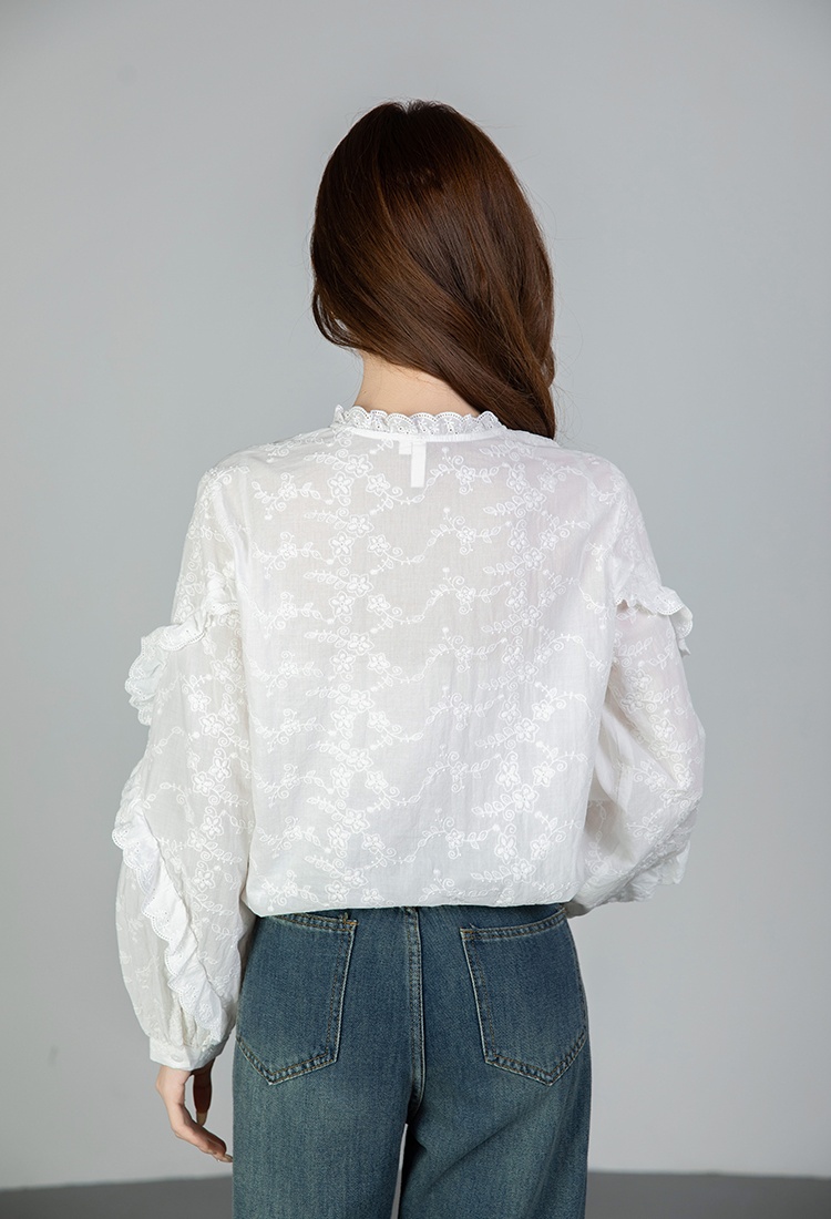 Spring round neck tops embroidered all-match shirt for women