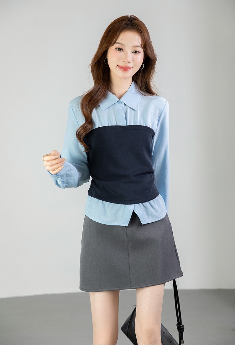 Long sleeve all-match shirt spring splice tops for women