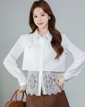 Splice all-match long sleeve tops lace spring shirt