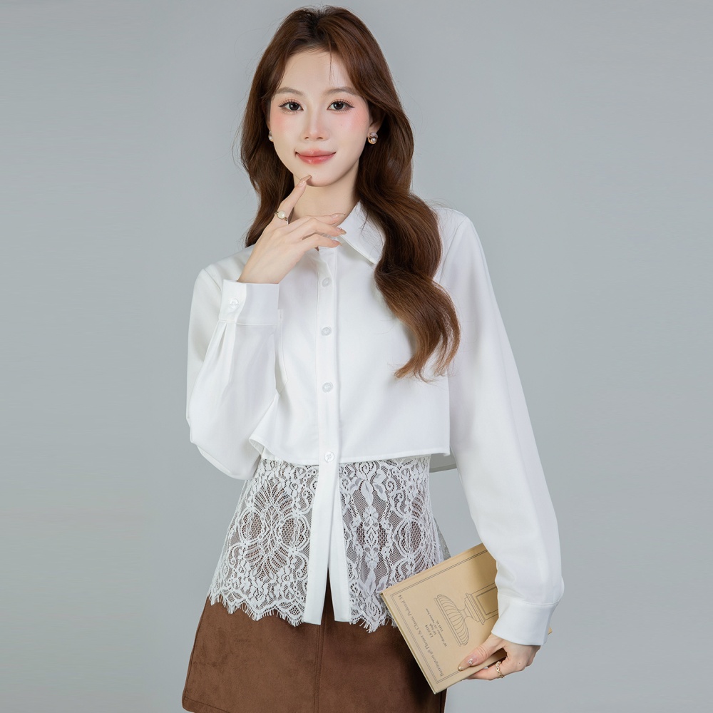 Splice all-match long sleeve tops lace spring shirt