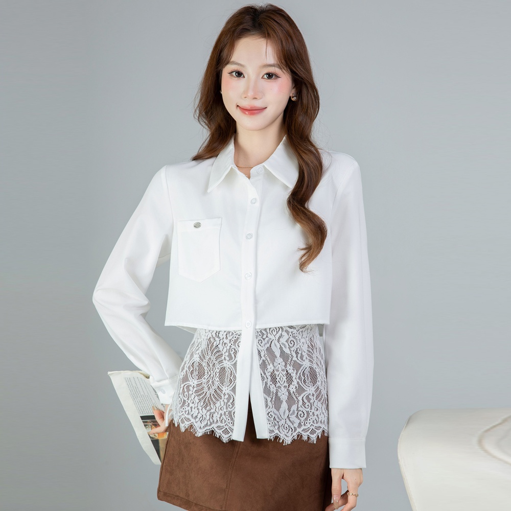 Splice all-match long sleeve tops lace spring shirt