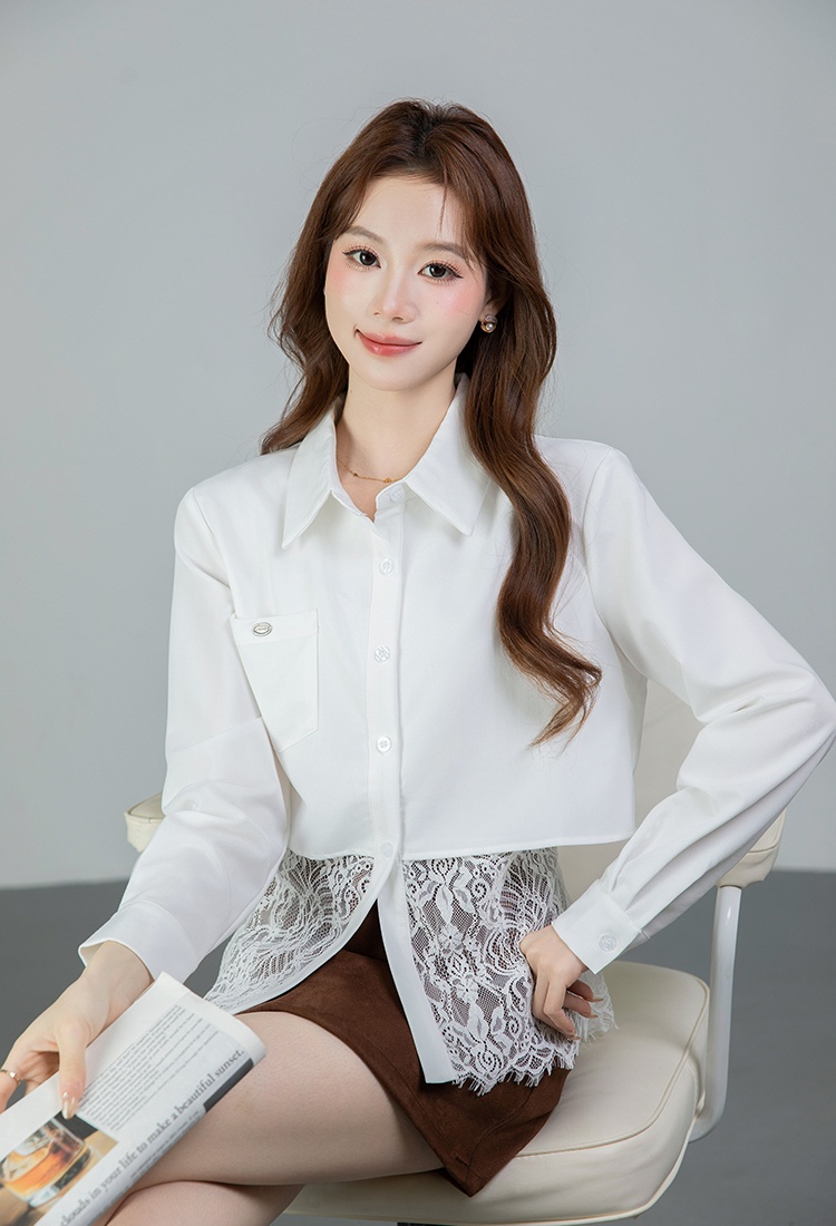 Splice all-match long sleeve tops lace spring shirt