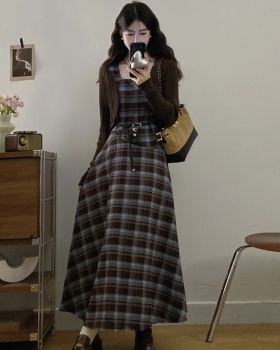 Retro plaid Cover belly dress 2pcs set for women