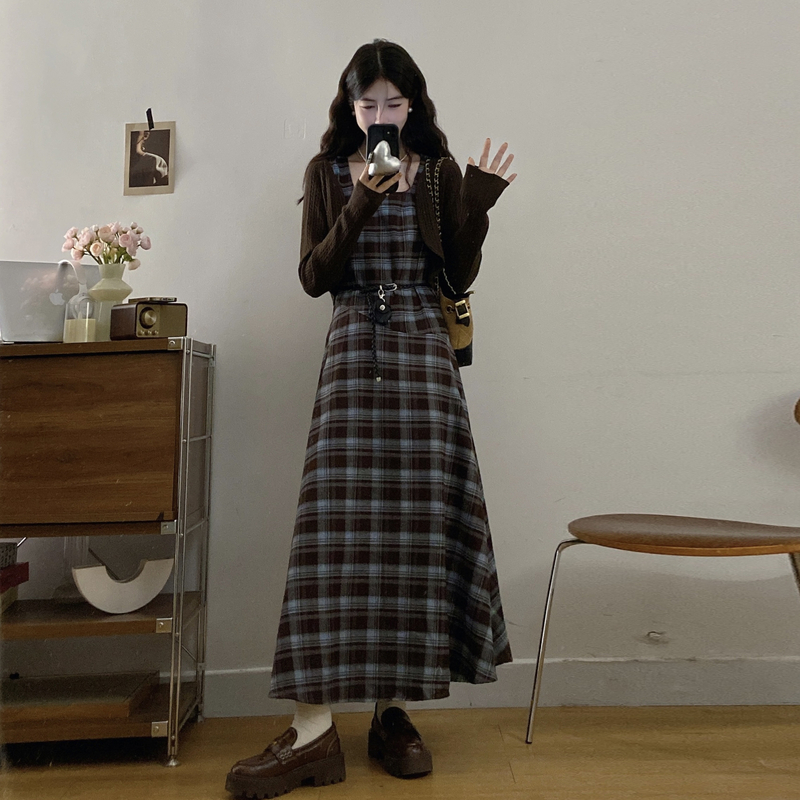 Retro plaid Cover belly dress 2pcs set for women