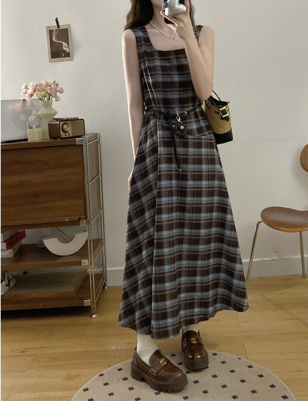 Retro plaid Cover belly dress 2pcs set for women