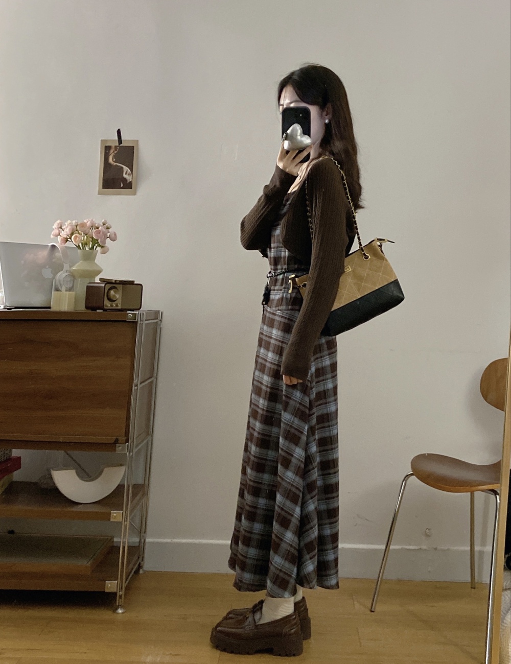 Retro plaid Cover belly dress 2pcs set for women