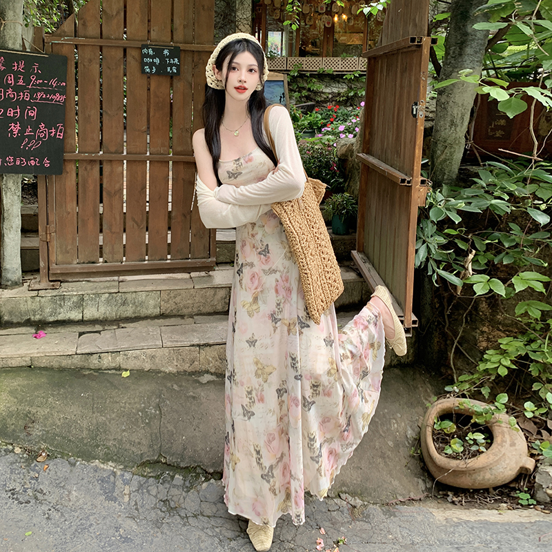Spring and summer cardigan temperament long dress 2pcs set
