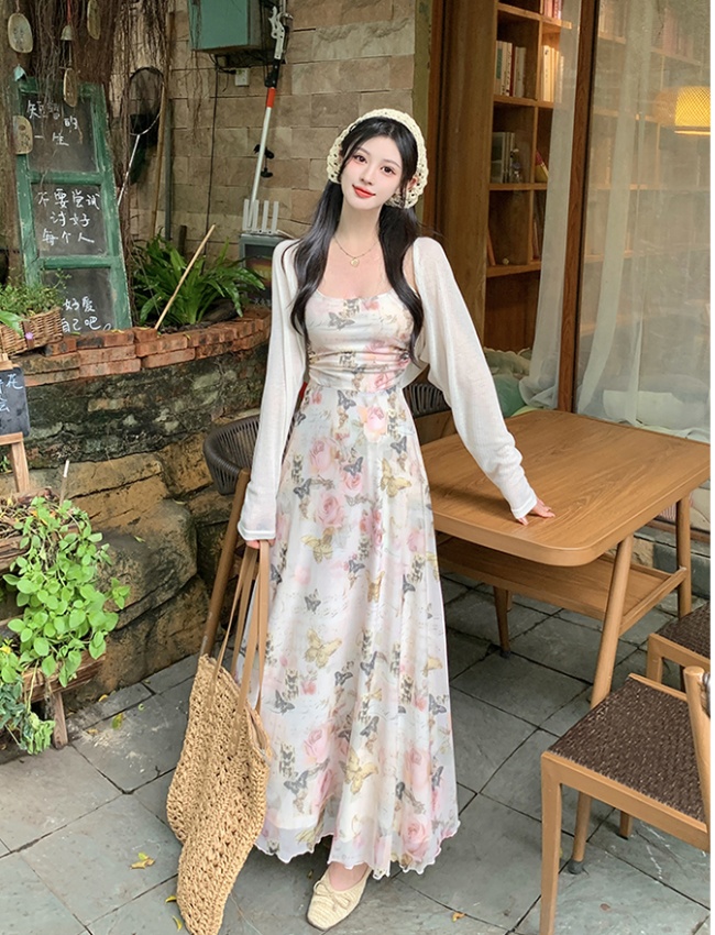 Spring and summer cardigan temperament long dress 2pcs set