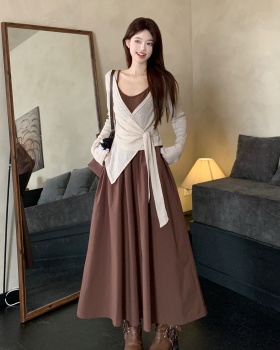 Cover belly slim dress spring retro strap dress 2pcs set