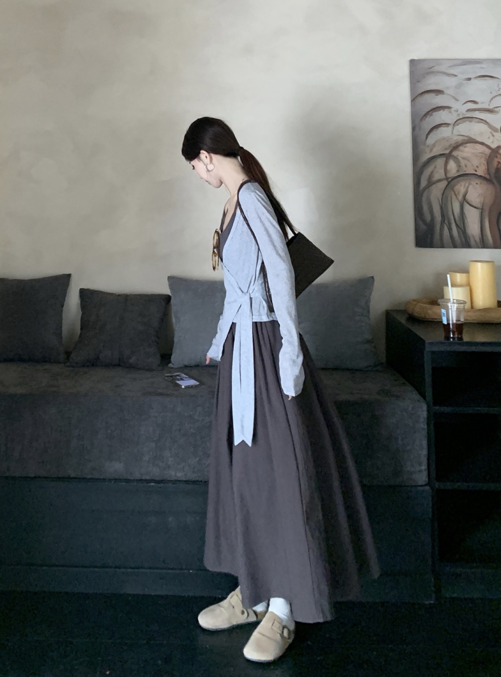 Cover belly slim dress spring retro strap dress 2pcs set