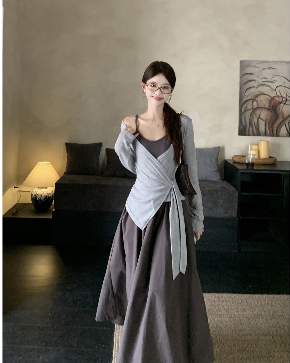 Cover belly slim dress spring retro strap dress 2pcs set