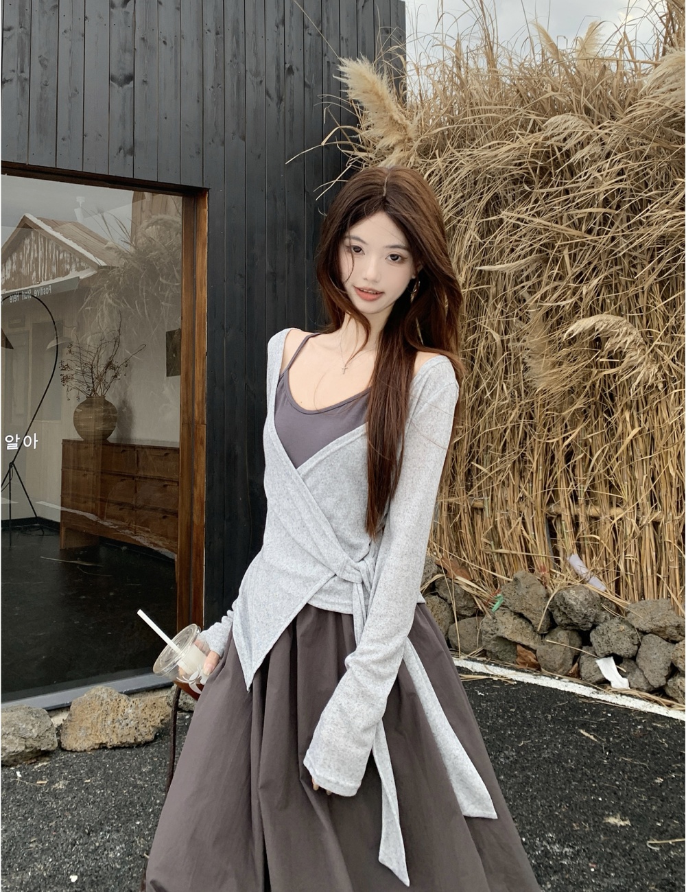 Cover belly slim dress spring retro strap dress 2pcs set