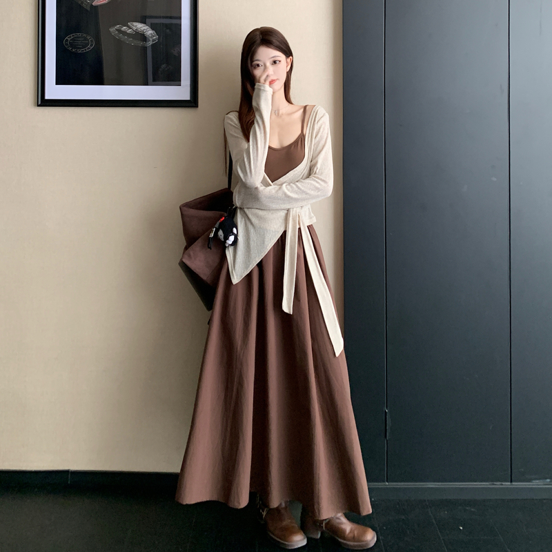 Cover belly slim dress spring retro strap dress 2pcs set