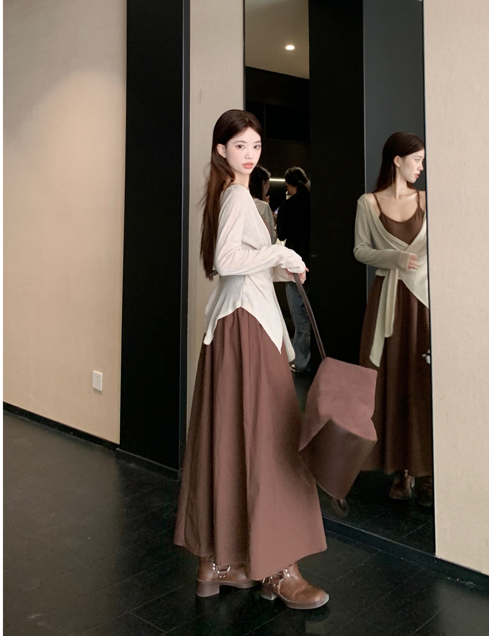 Cover belly slim dress spring retro strap dress 2pcs set