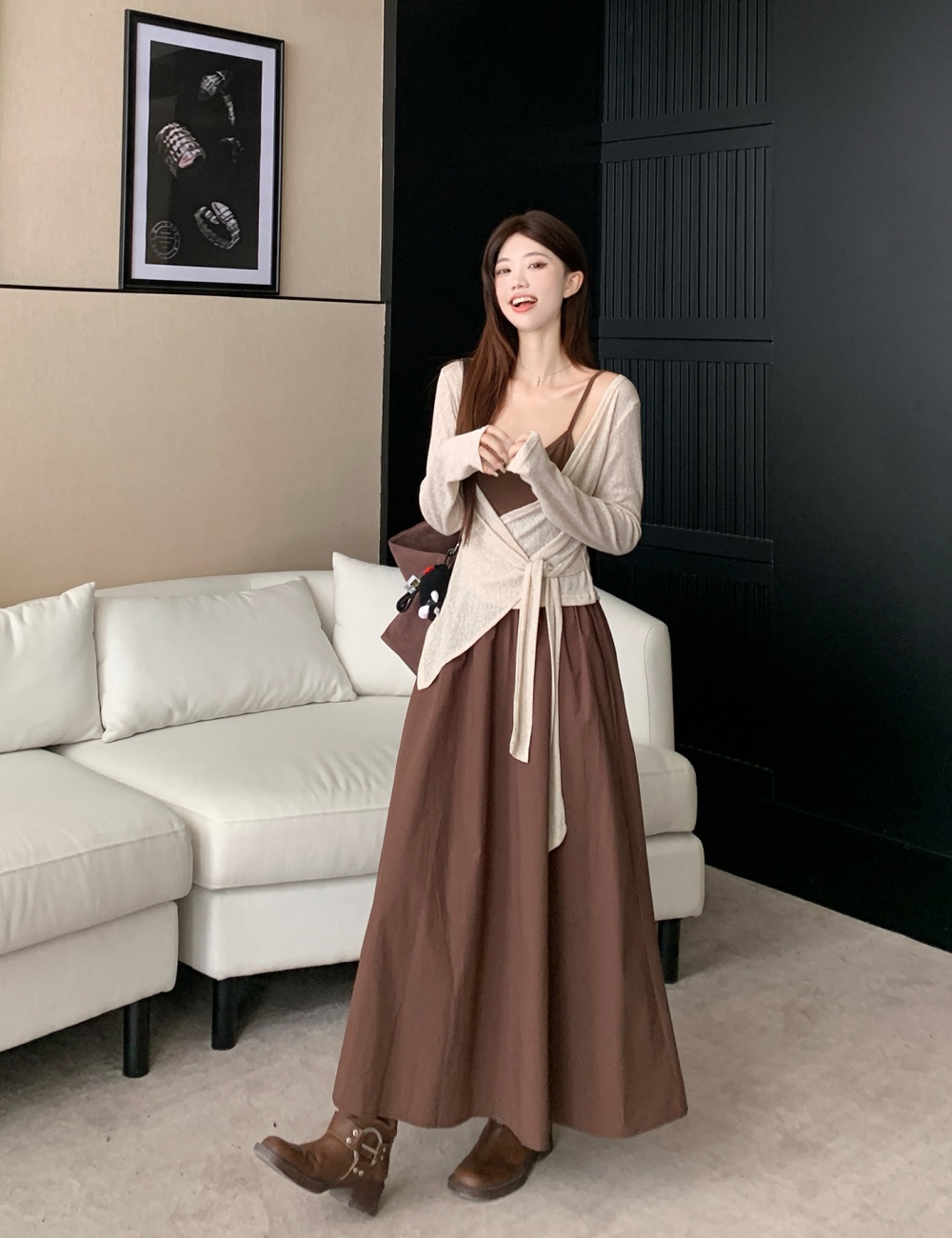 Cover belly slim dress spring retro strap dress 2pcs set