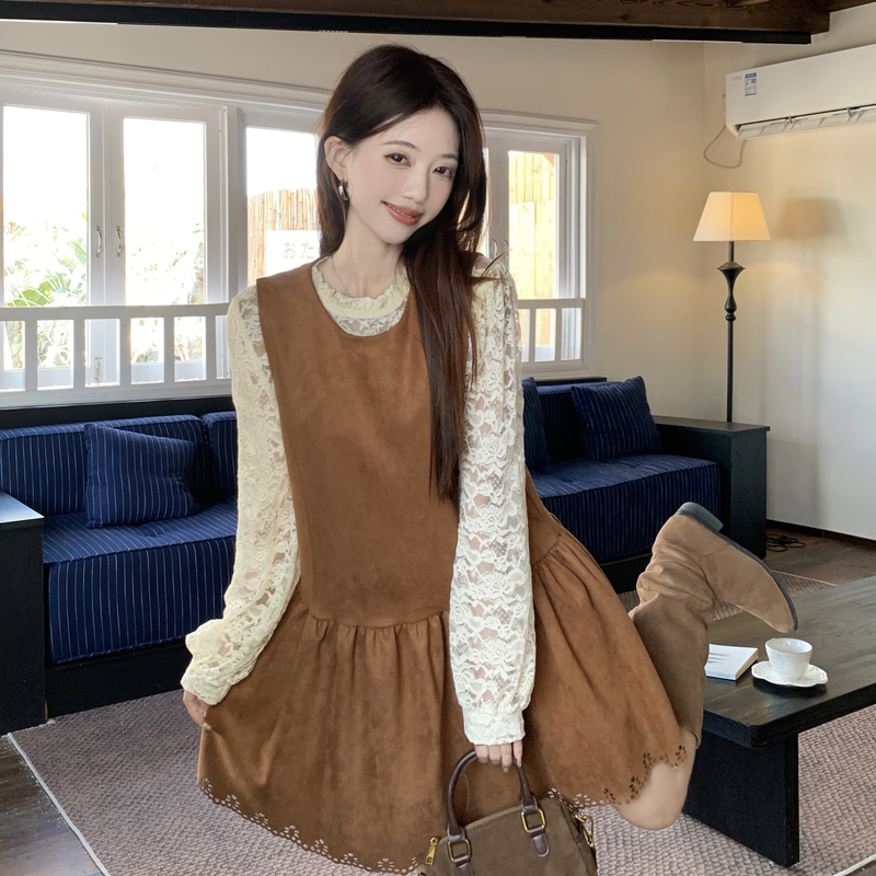 Large yard bottoming sleeveless dress lace dress 2pcs set