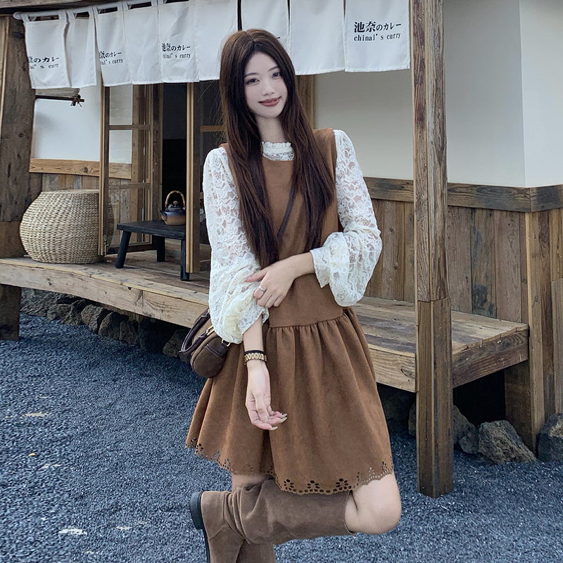 Large yard bottoming sleeveless dress lace dress 2pcs set