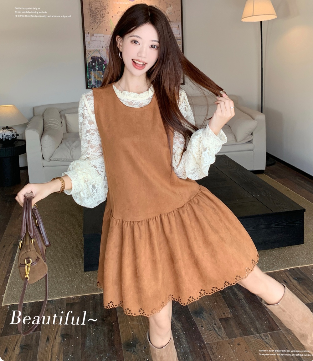 Large yard bottoming sleeveless dress lace dress 2pcs set