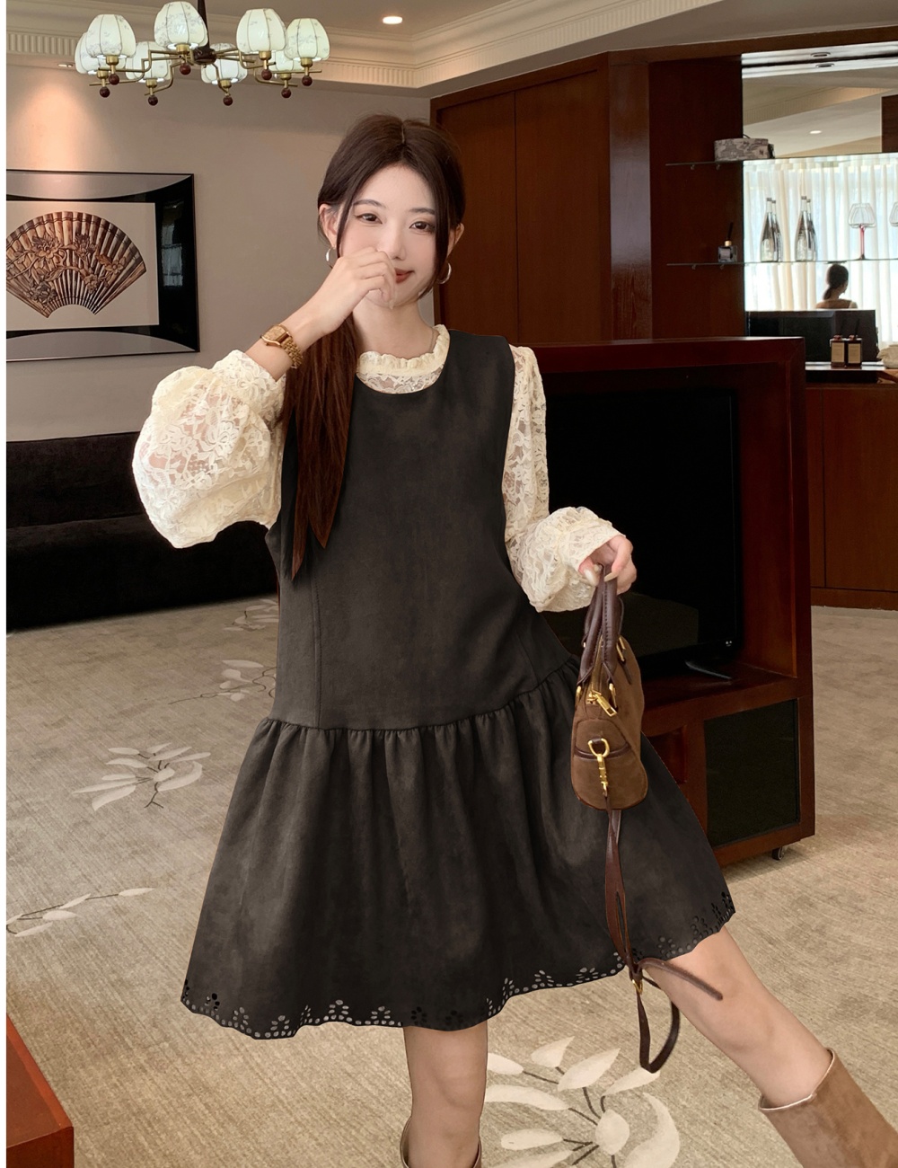 Large yard bottoming sleeveless dress lace dress 2pcs set