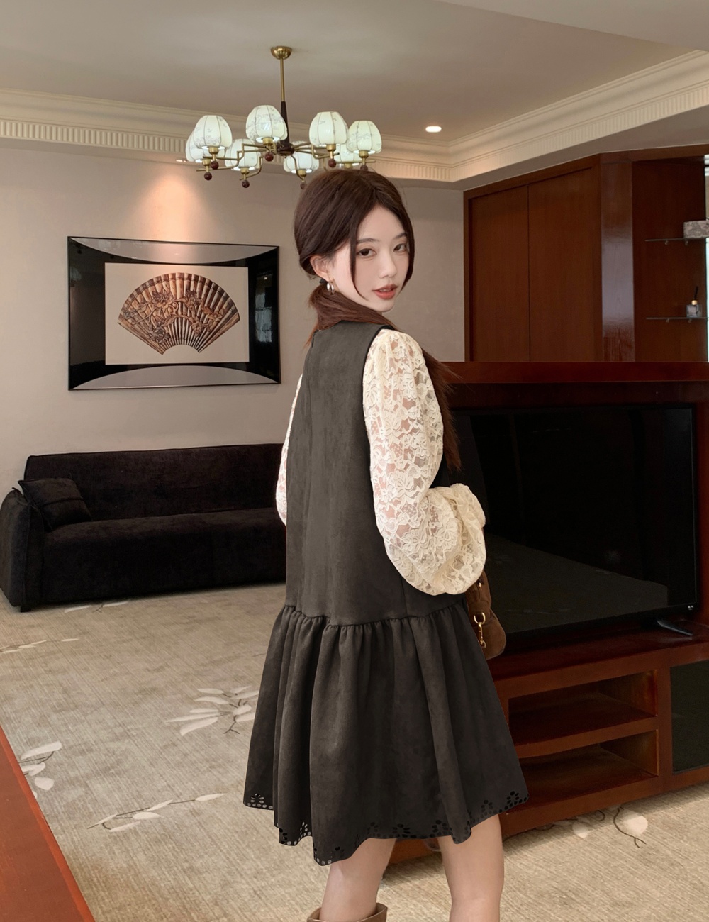 Large yard bottoming sleeveless dress lace dress 2pcs set