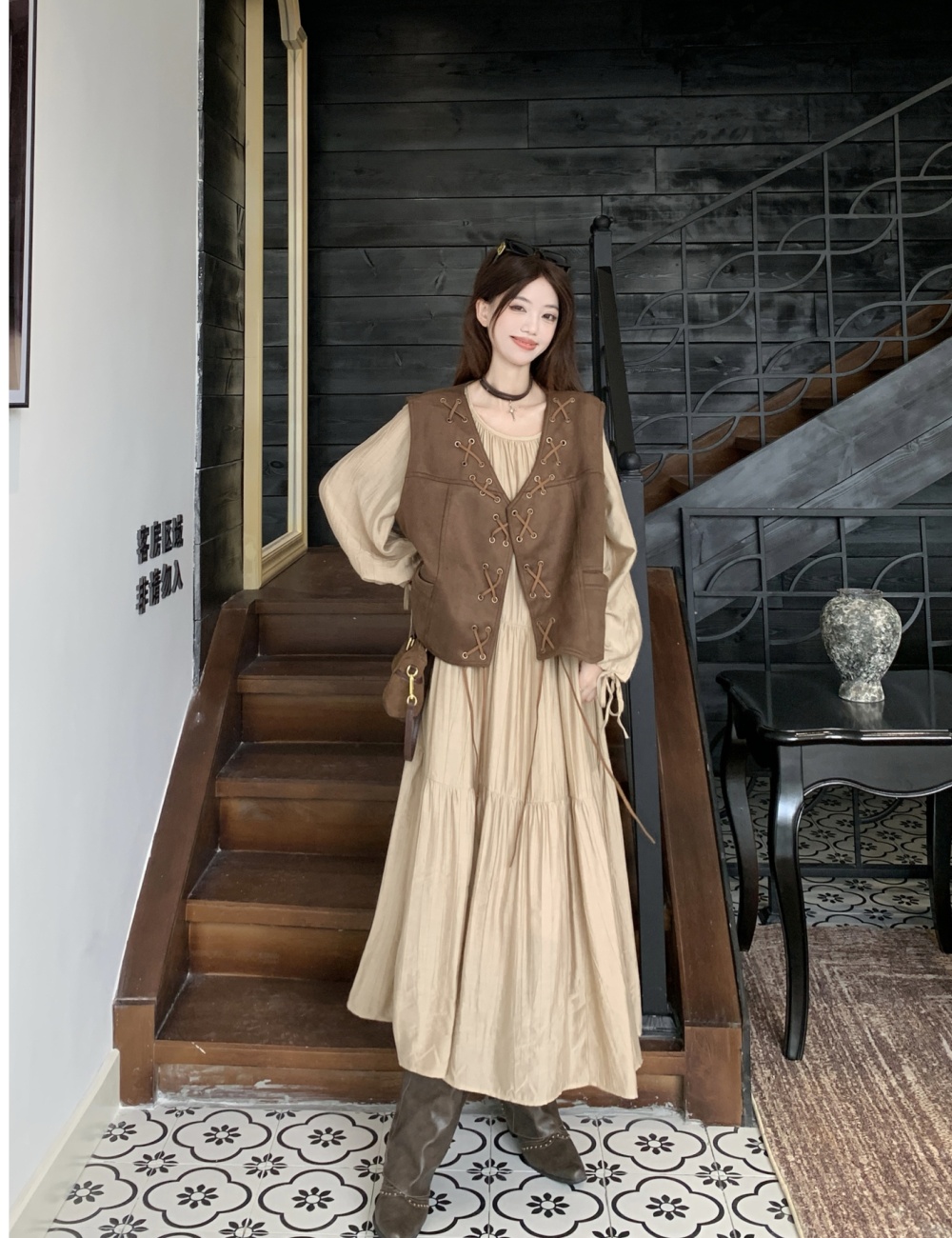 Large yard dress spring waistcoat 2pcs set for women