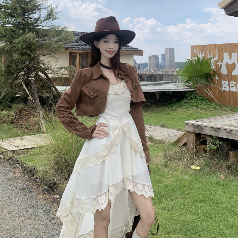 Spring A-line coat large yard sling dress 2pcs set for women