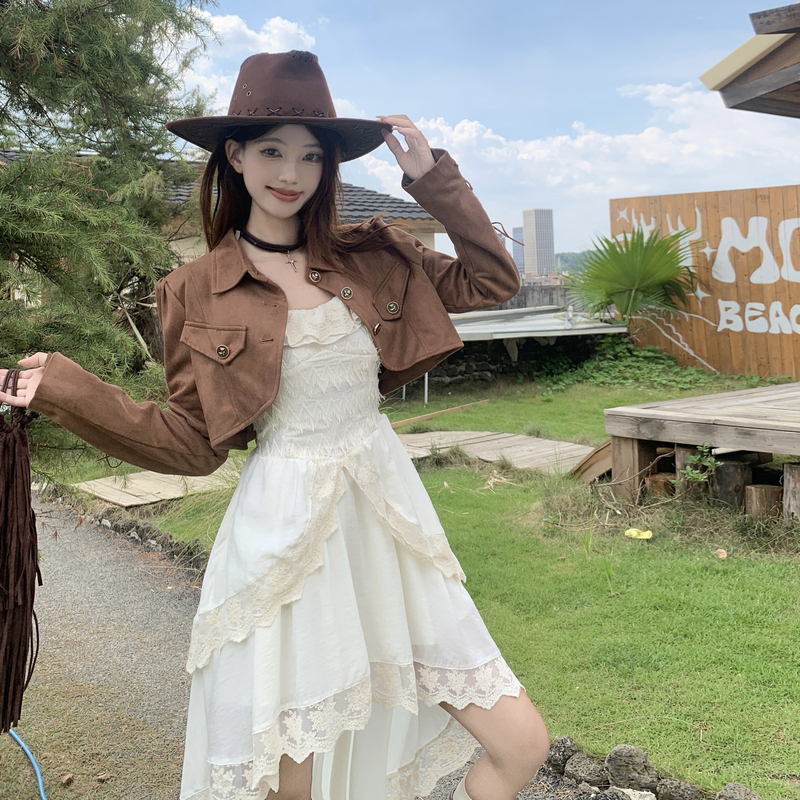 Spring A-line coat large yard sling dress 2pcs set for women