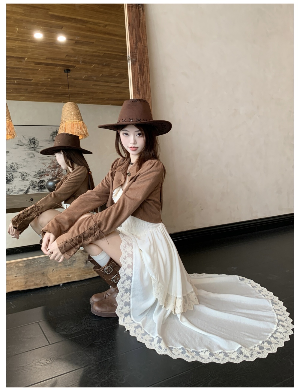 Spring A-line coat large yard sling dress 2pcs set for women