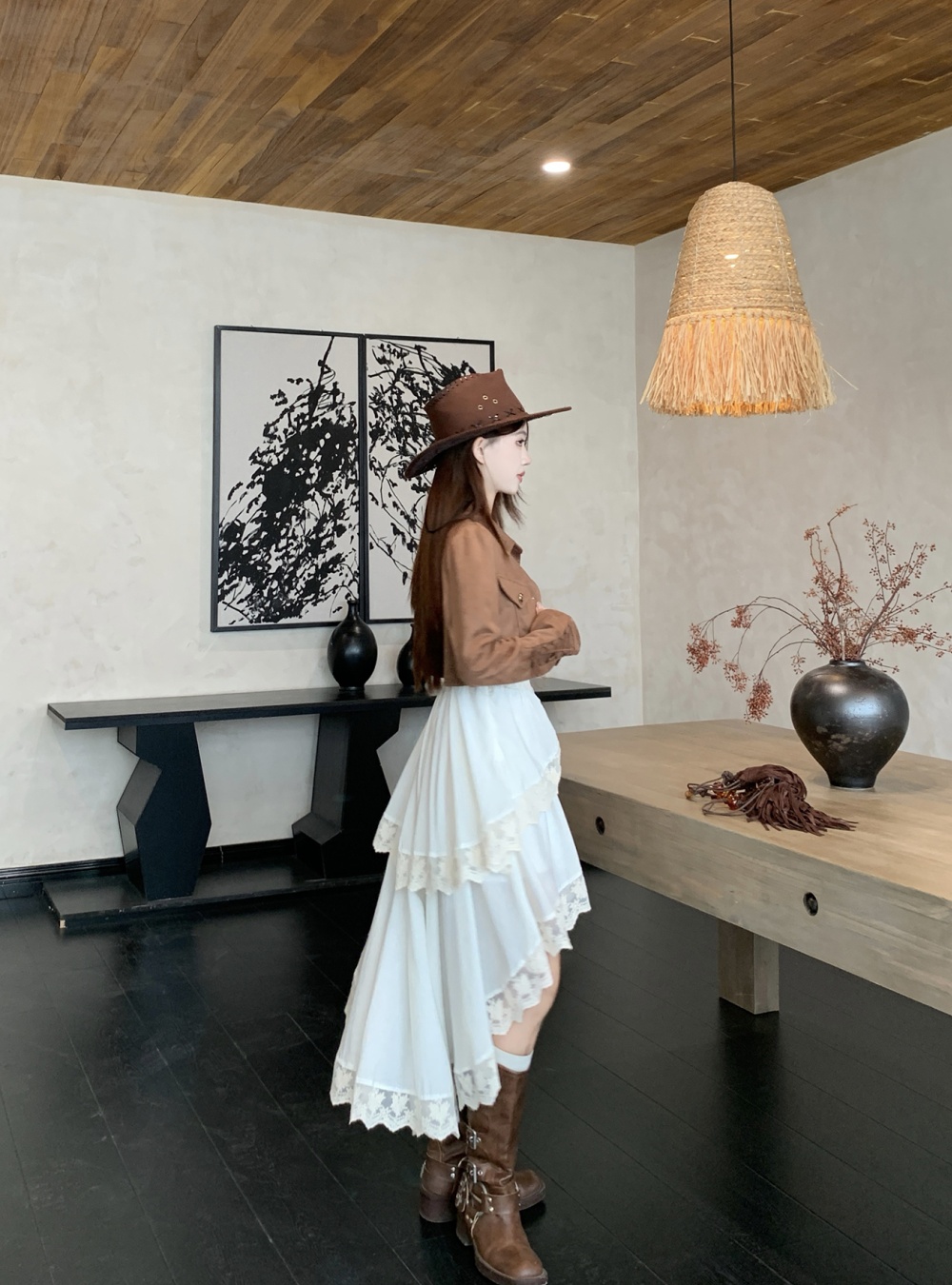 Spring A-line coat large yard sling dress 2pcs set for women