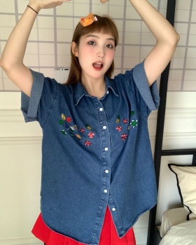 Retro denim lapel shirt spring short sleeve coat