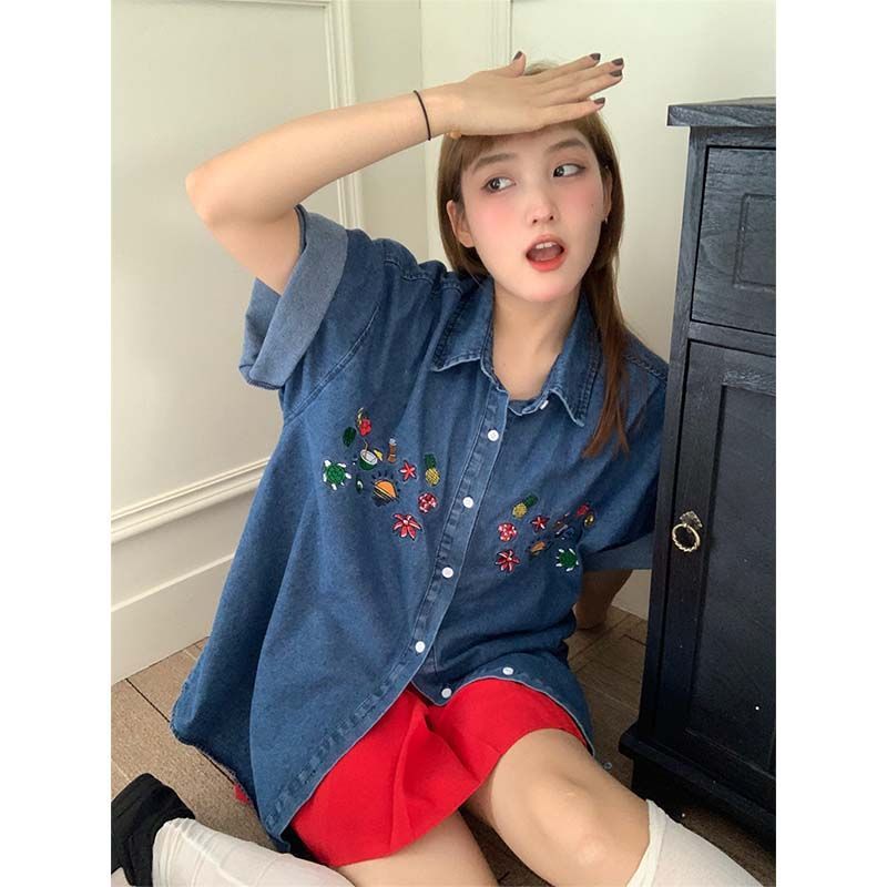 Retro denim lapel shirt spring short sleeve coat