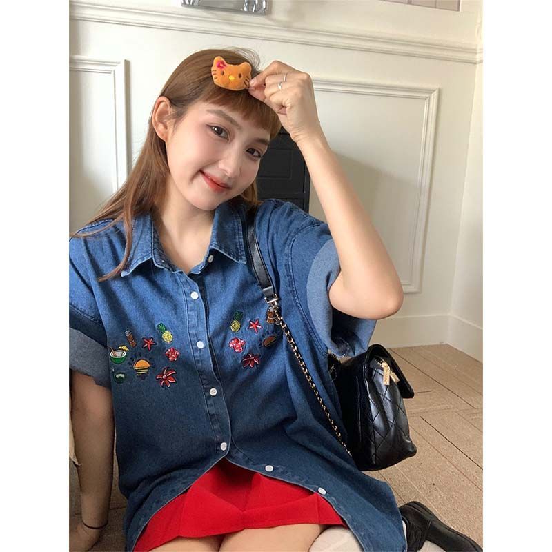 Retro denim lapel shirt spring short sleeve coat