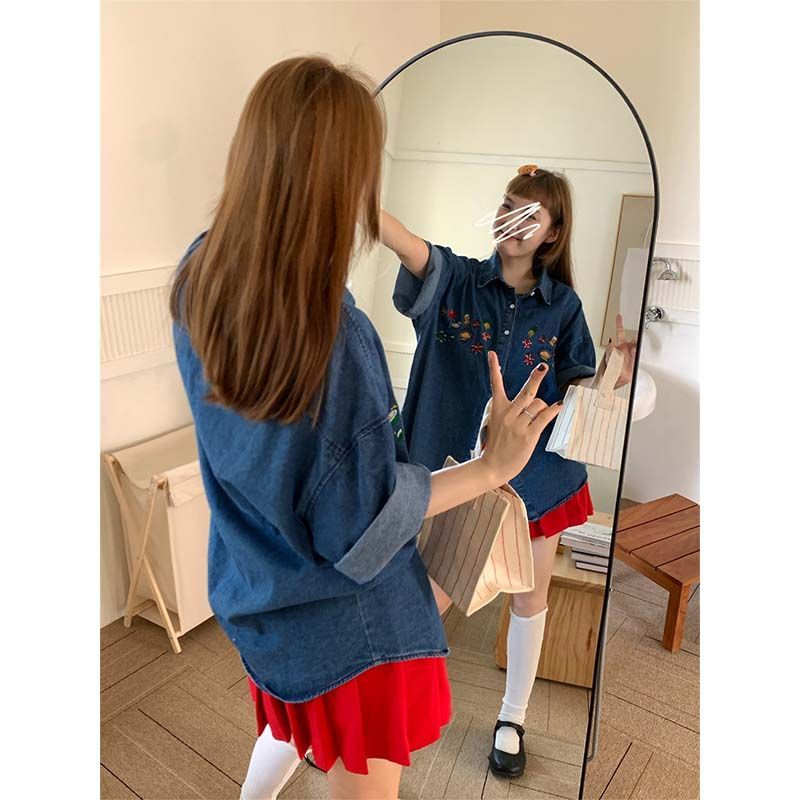 Retro denim lapel shirt spring short sleeve coat