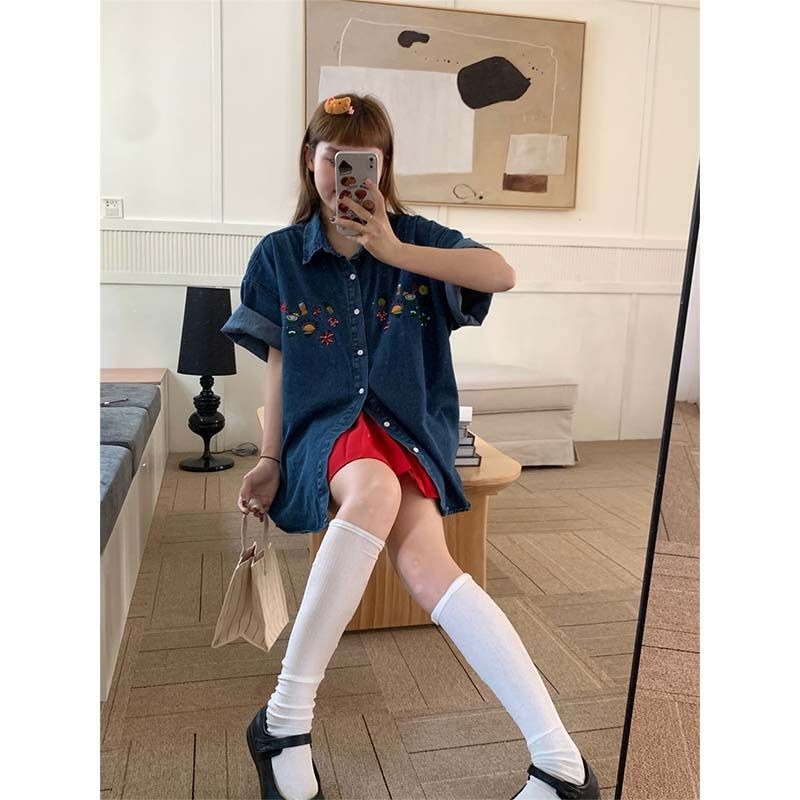 Retro denim lapel shirt spring short sleeve coat