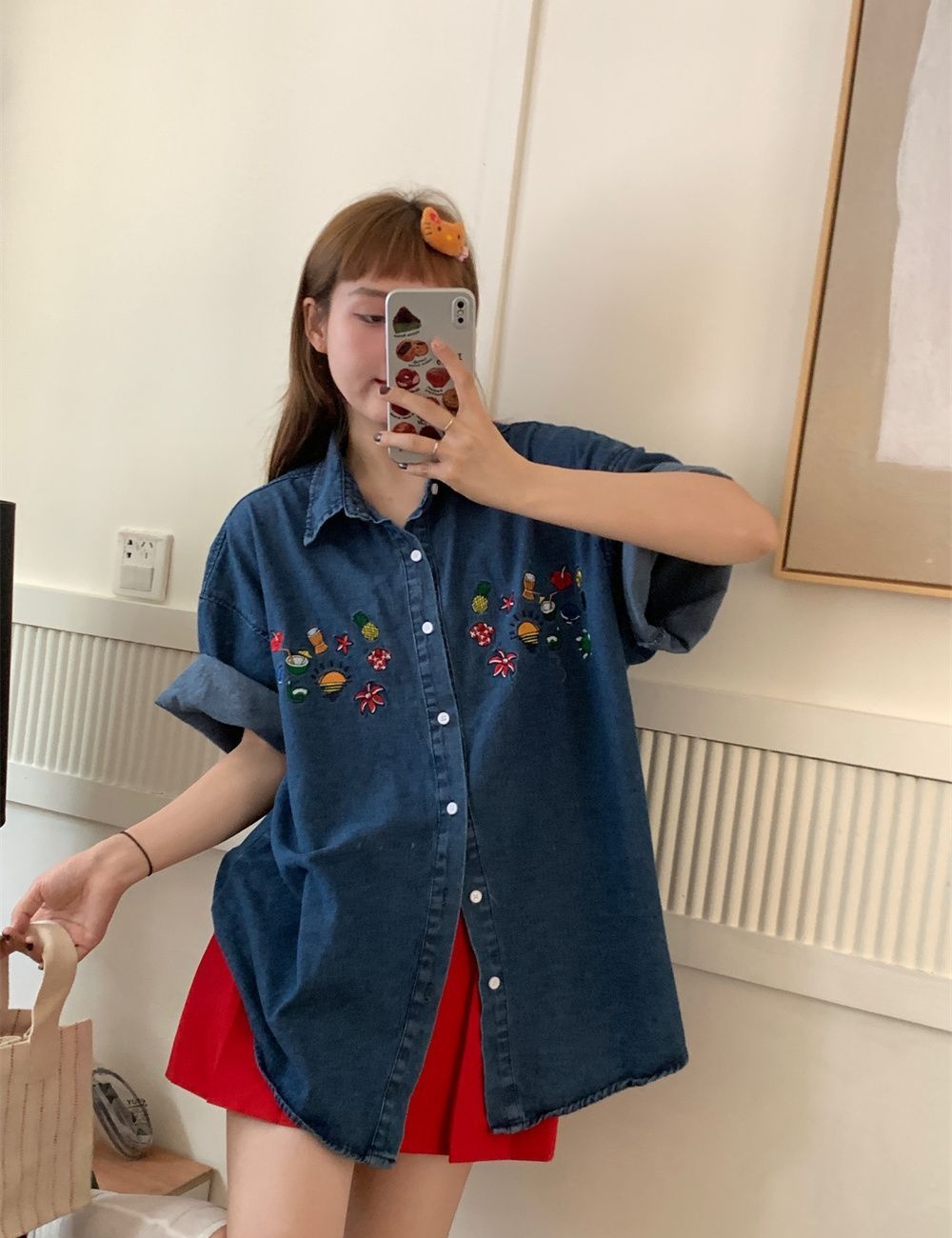 Retro denim lapel shirt spring short sleeve coat