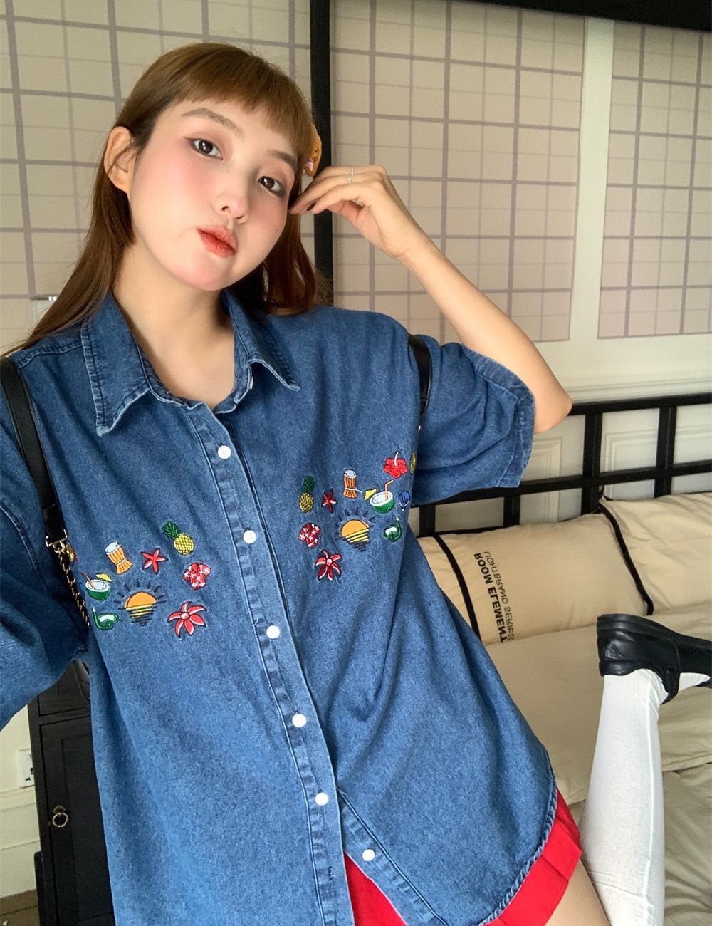 Retro denim lapel shirt spring short sleeve coat