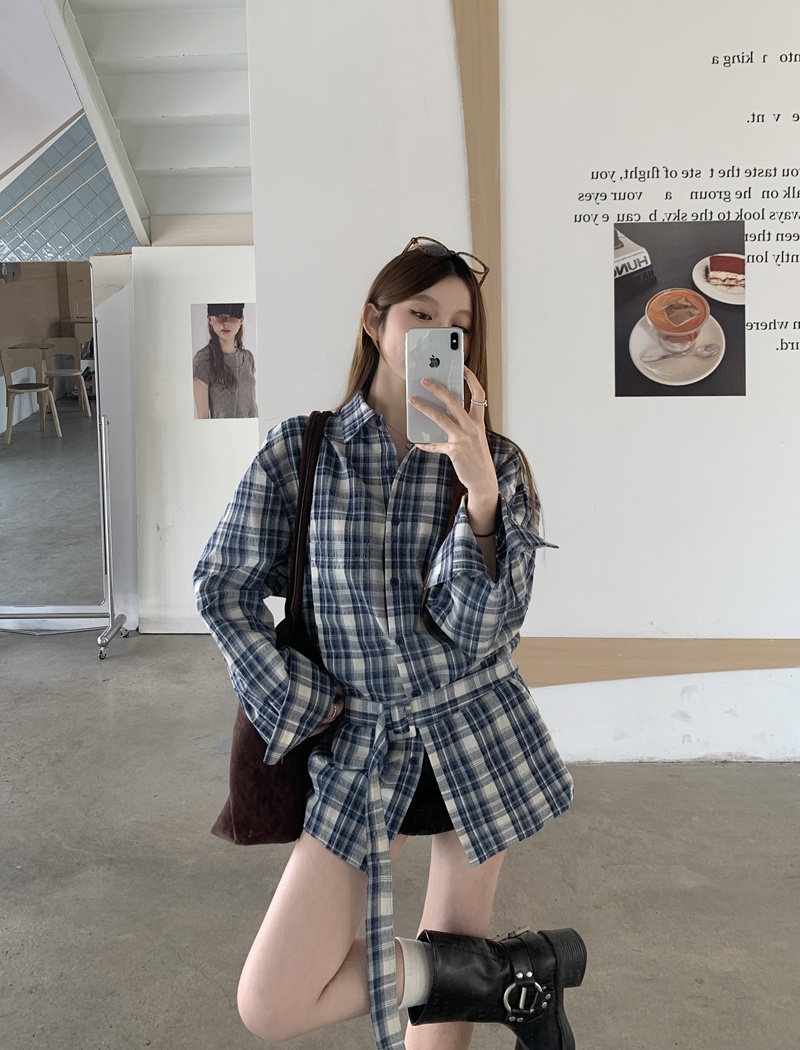 Long sleeve Casual shirt pinched waist bandage tops