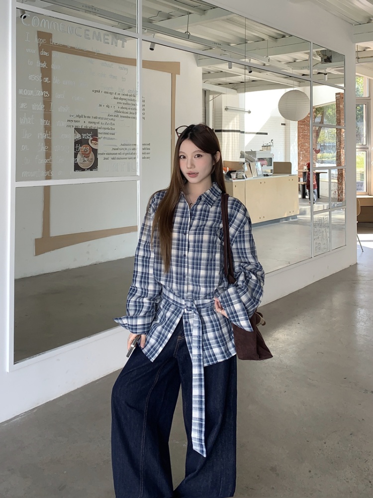 Long sleeve Casual shirt pinched waist bandage tops