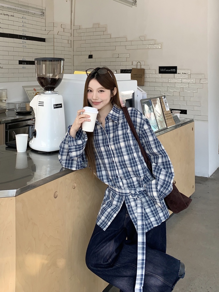 Long sleeve Casual shirt pinched waist bandage tops