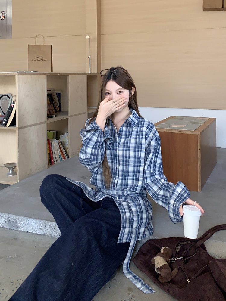 Long sleeve Casual shirt pinched waist bandage tops