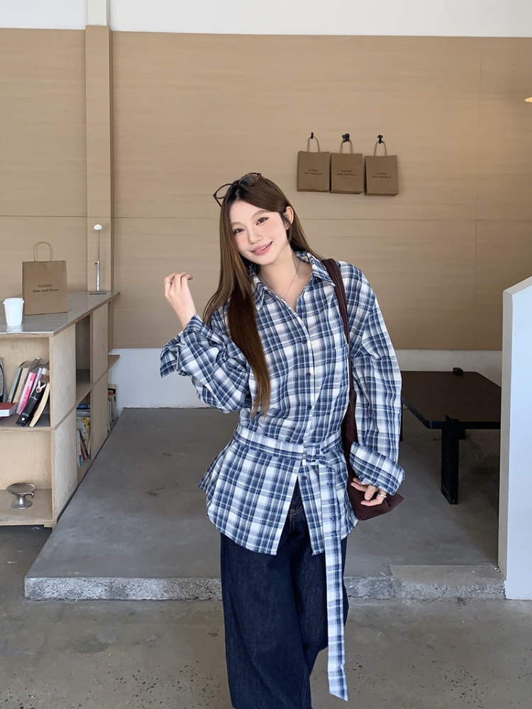 Long sleeve Casual shirt pinched waist bandage tops