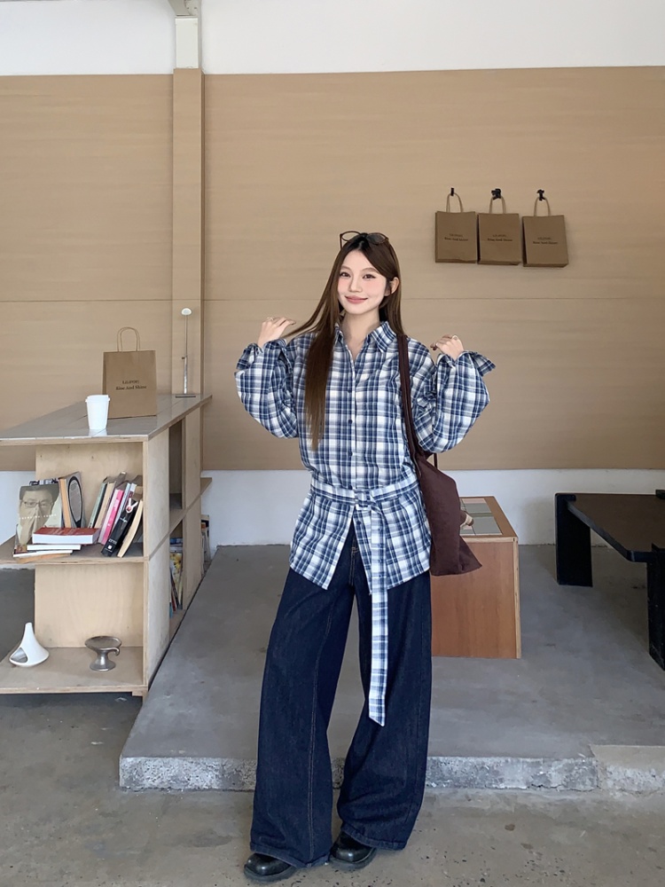 Long sleeve Casual shirt pinched waist bandage tops