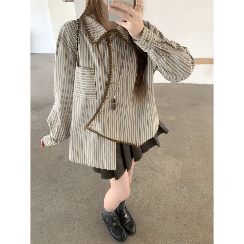 Loose irregular long sleeve shirt stripe spring unique tops