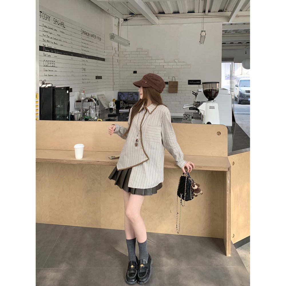 Loose irregular long sleeve shirt stripe spring unique tops