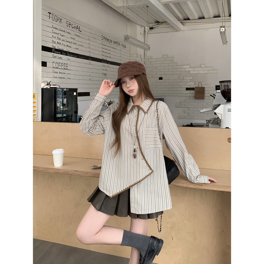Loose irregular long sleeve shirt stripe spring unique tops