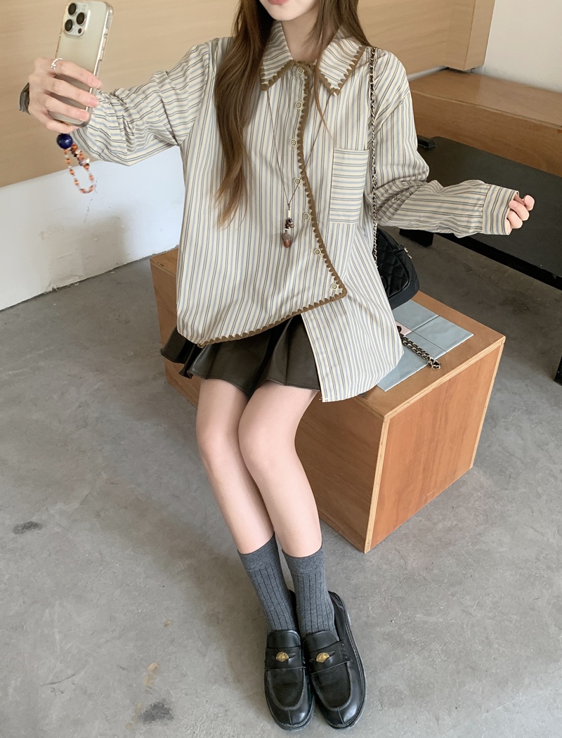 Loose irregular long sleeve shirt stripe spring unique tops